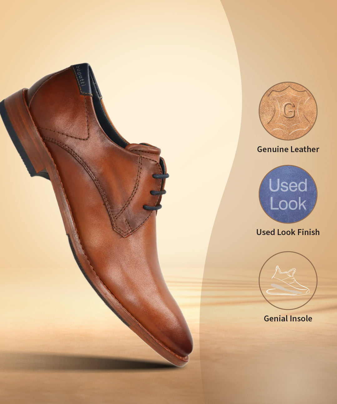 A cognac Men's bugatti Derby featuring a pointed toe plain toe, stacked heel. Made from premium genuine leather with a durable leather outsole, this laces design offers both style and comfort.