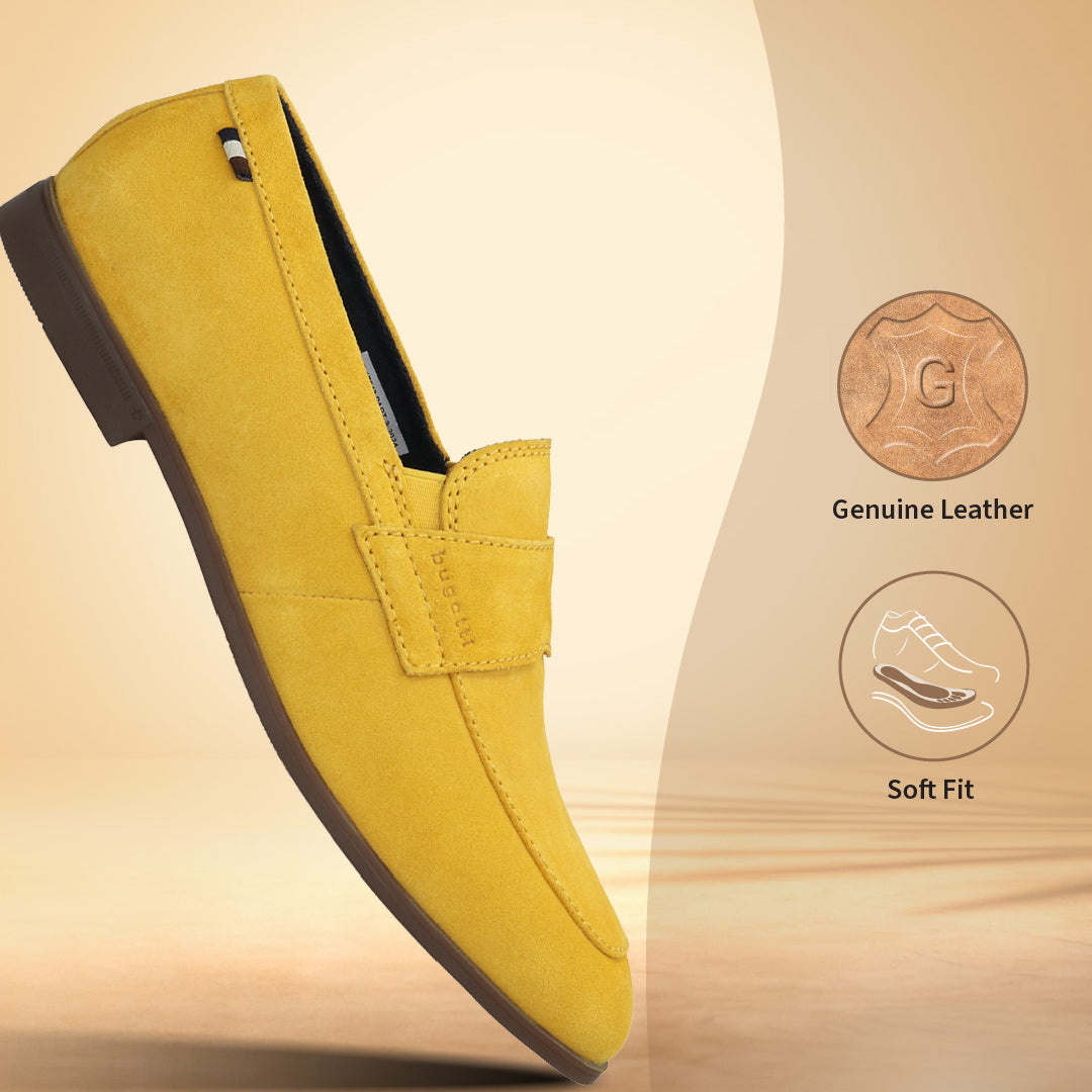 Men's Bugatti penny loafer yellow leather shoes with a round toe and apron toe featuring a stacked heel , a tpr outsole.