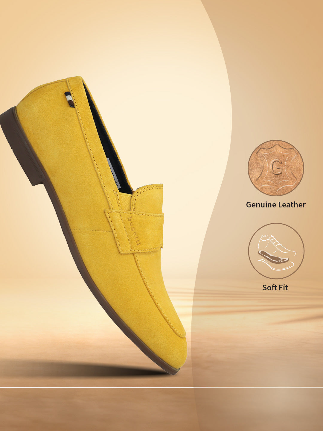 Men's Bugatti penny loafer yellow leather shoes with a round toe and apron toe featuring a stacked heel , a tpr outsole.