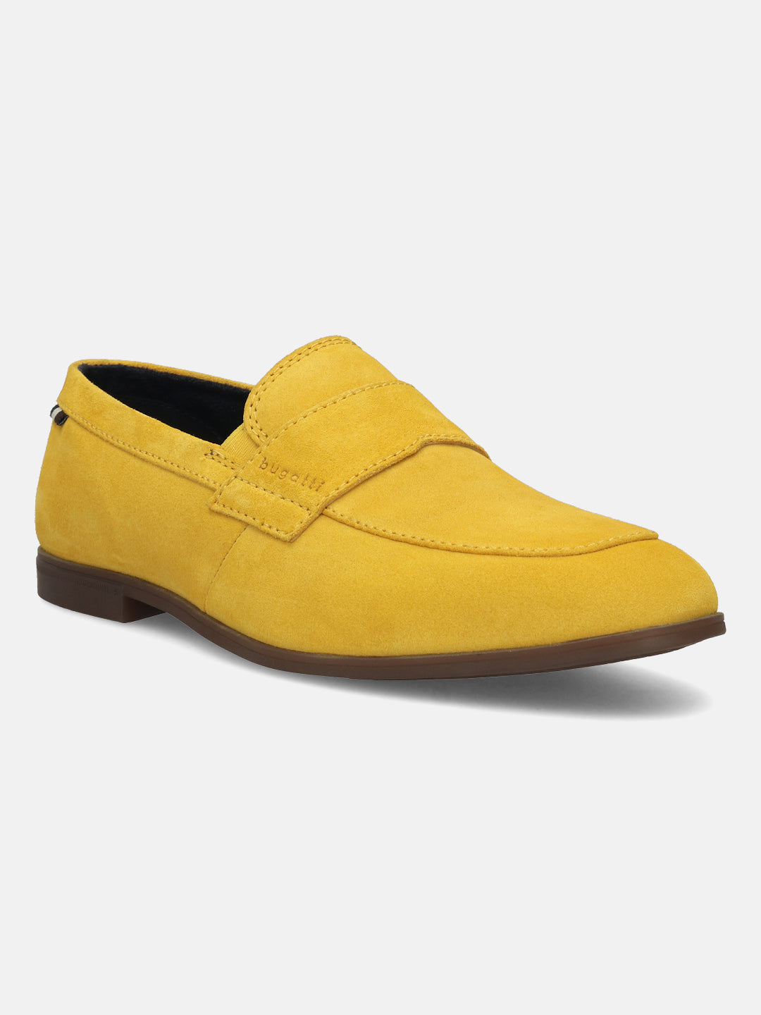 Men's Bugatti penny loafer yellow leather shoes with a round toe and apron toe featuring a stacked heel , a tpr outsole.