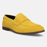 Men's Bugatti penny loafer yellow leather shoes with a round toe and apron toe featuring a stacked heel , a tpr outsole.