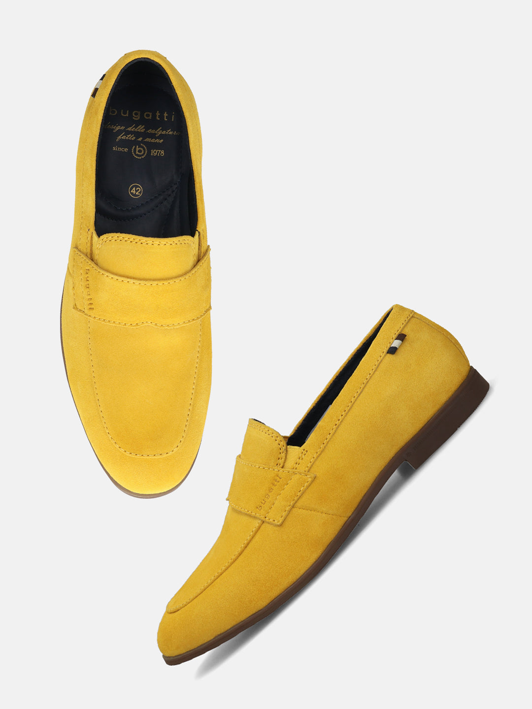 Men's Bugatti penny loafer yellow leather shoes with a round toe and apron toe featuring a stacked heel , a tpr outsole.