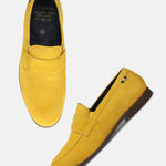 Men's Bugatti penny loafer yellow leather shoes with a round toe and apron toe featuring a stacked heel , a tpr outsole.