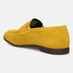 Men's Bugatti penny loafer yellow leather shoes with a round toe and apron toe featuring a stacked heel , a tpr outsole.