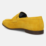 Men's Bugatti penny loafer yellow leather shoes with a round toe and apron toe featuring a stacked heel , a tpr outsole.