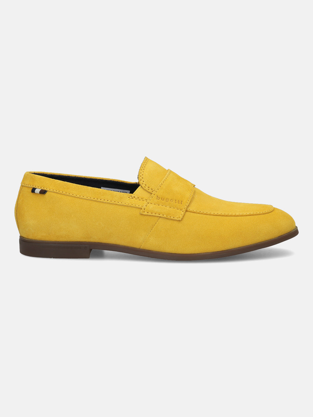 Men's Bugatti penny loafer yellow leather shoes with a round toe and apron toe featuring a stacked heel , a tpr outsole.