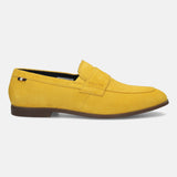 Men's Bugatti penny loafer yellow leather shoes with a round toe and apron toe featuring a stacked heel , a tpr outsole.