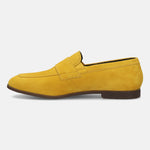 Men's Bugatti penny loafer yellow leather shoes with a round toe and apron toe featuring a stacked heel , a tpr outsole.