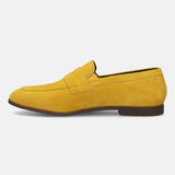 Men's Bugatti penny loafer yellow leather shoes with a round toe and apron toe featuring a stacked heel , a tpr outsole.