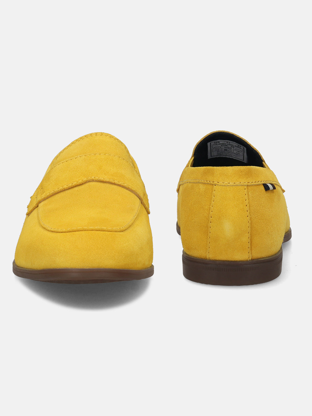 Men's Bugatti penny loafer yellow leather shoes with a round toe and apron toe featuring a stacked heel , a tpr outsole.