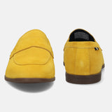 Men's Bugatti penny loafer yellow leather shoes with a round toe and apron toe featuring a stacked heel , a tpr outsole.