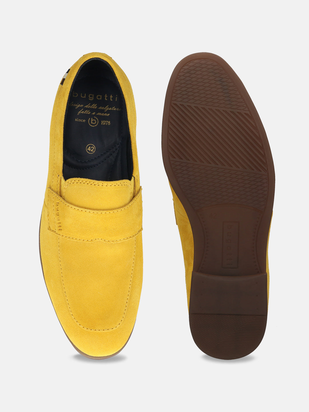 Men's Bugatti penny loafer yellow leather shoes with a round toe and apron toe featuring a stacked heel , a tpr outsole.