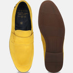 Men's Bugatti penny loafer yellow leather shoes with a round toe and apron toe featuring a stacked heel , a tpr outsole.