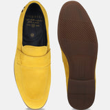 Men's Bugatti penny loafer yellow leather shoes with a round toe and apron toe featuring a stacked heel , a tpr outsole.