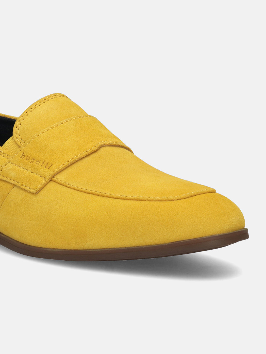 Men's Bugatti penny loafer yellow leather shoes with a round toe and apron toe featuring a stacked heel , a tpr outsole.