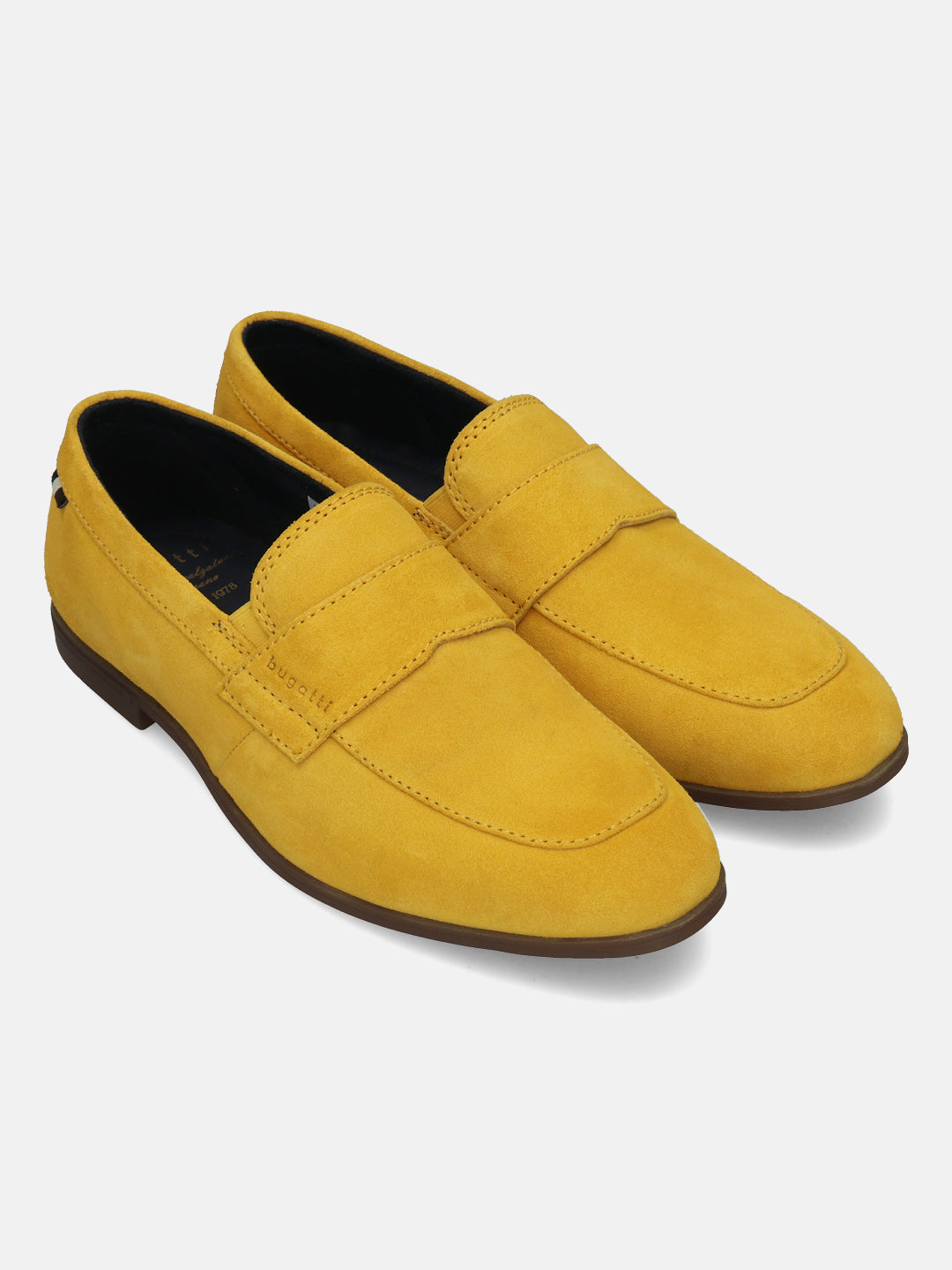 Men's Bugatti penny loafer yellow leather shoes with a round toe and apron toe featuring a stacked heel , a tpr outsole.