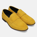 Men's Bugatti penny loafer yellow leather shoes with a round toe and apron toe featuring a stacked heel , a tpr outsole.