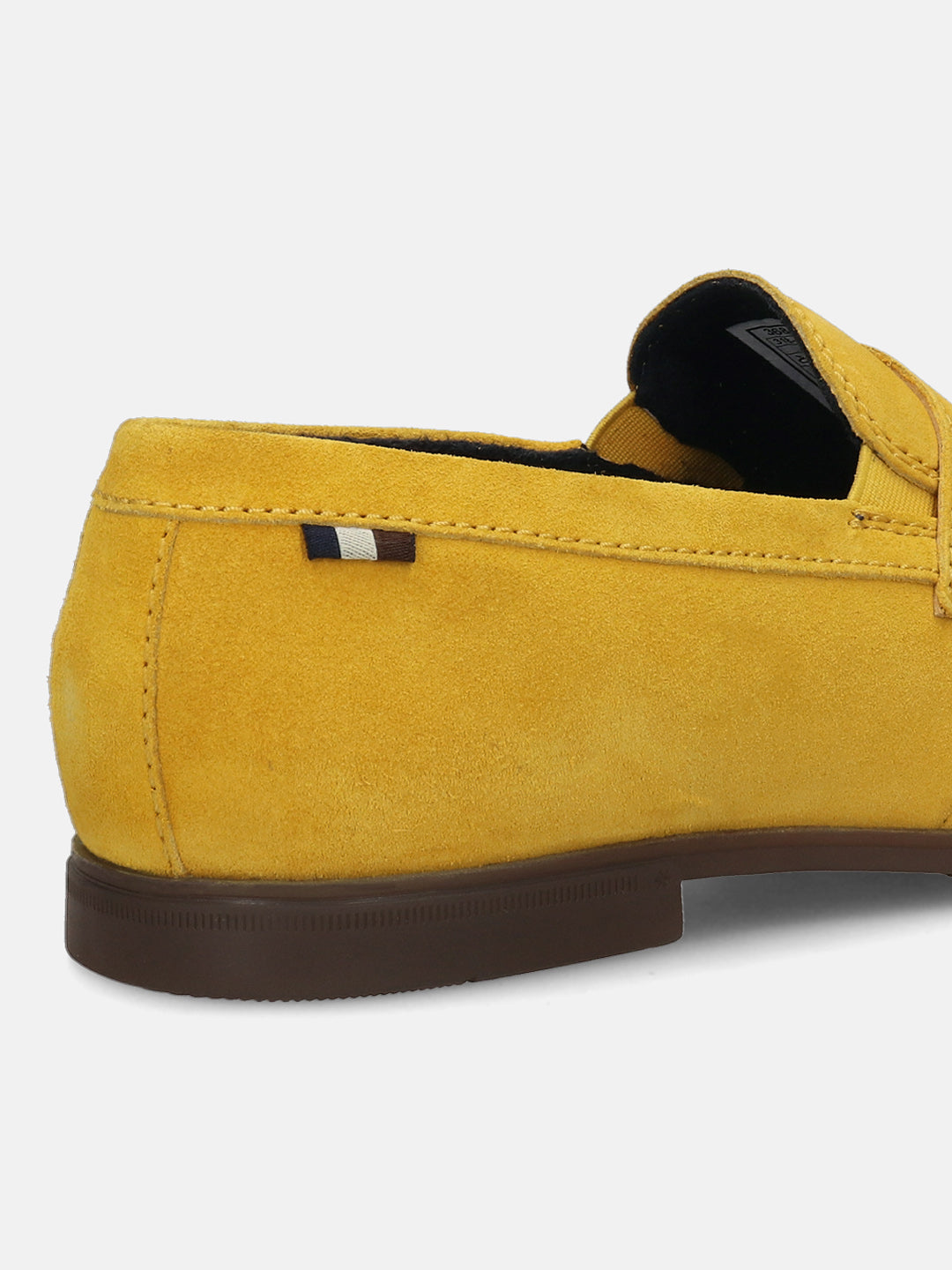 Men's Bugatti penny loafer yellow leather shoes with a round toe and apron toe featuring a stacked heel , a tpr outsole.