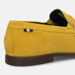 Men's Bugatti penny loafer yellow leather shoes with a round toe and apron toe featuring a stacked heel , a tpr outsole.