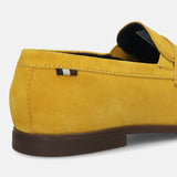 Men's Bugatti penny loafer yellow leather shoes with a round toe and apron toe featuring a stacked heel , a tpr outsole.