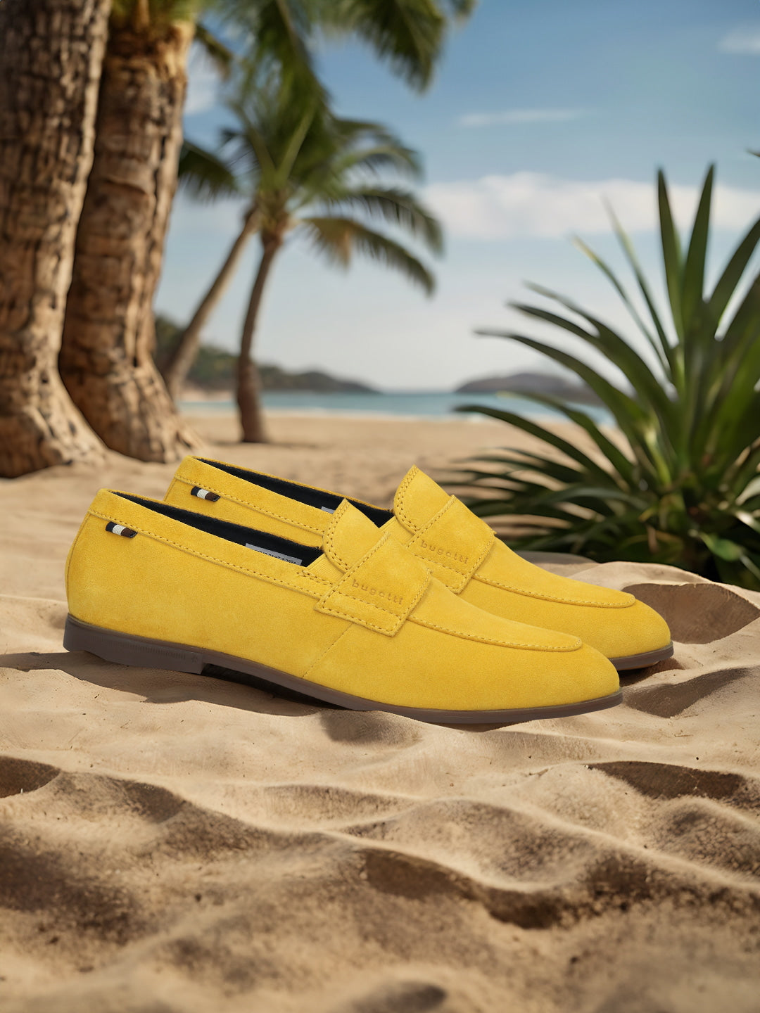 Men's Bugatti penny loafer yellow leather shoes with a round toe and apron toe featuring a stacked heel , a tpr outsole.