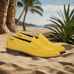 Men's Bugatti penny loafer yellow leather shoes with a round toe and apron toe featuring a stacked heel , a tpr outsole.