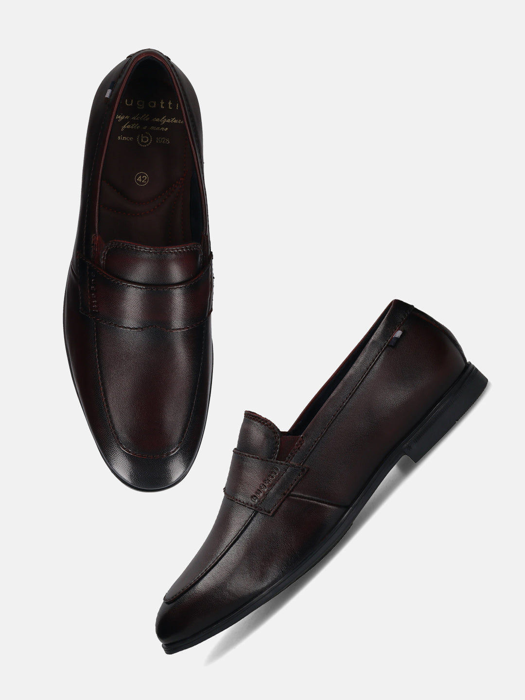 Men's Bugatti penny loafer red leather shoes with a round toe and apron toe featuring a stacked heel , a tpr outsole.