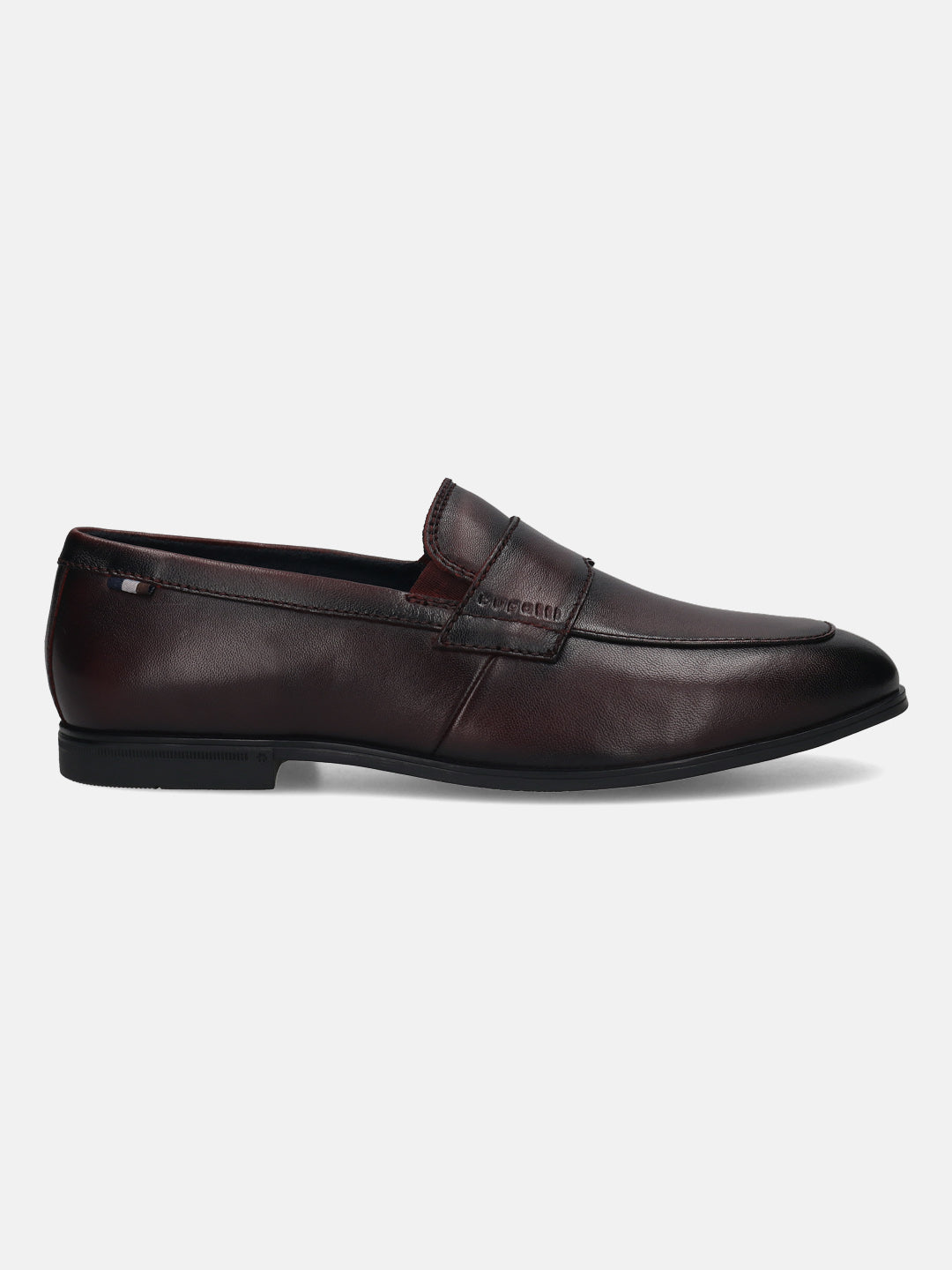 Men's Bugatti penny loafer red leather shoes with a round toe and apron toe featuring a stacked heel , a tpr outsole.