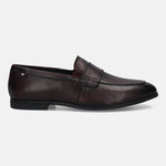 Men's Bugatti penny loafer red leather shoes with a round toe and apron toe featuring a stacked heel , a tpr outsole.