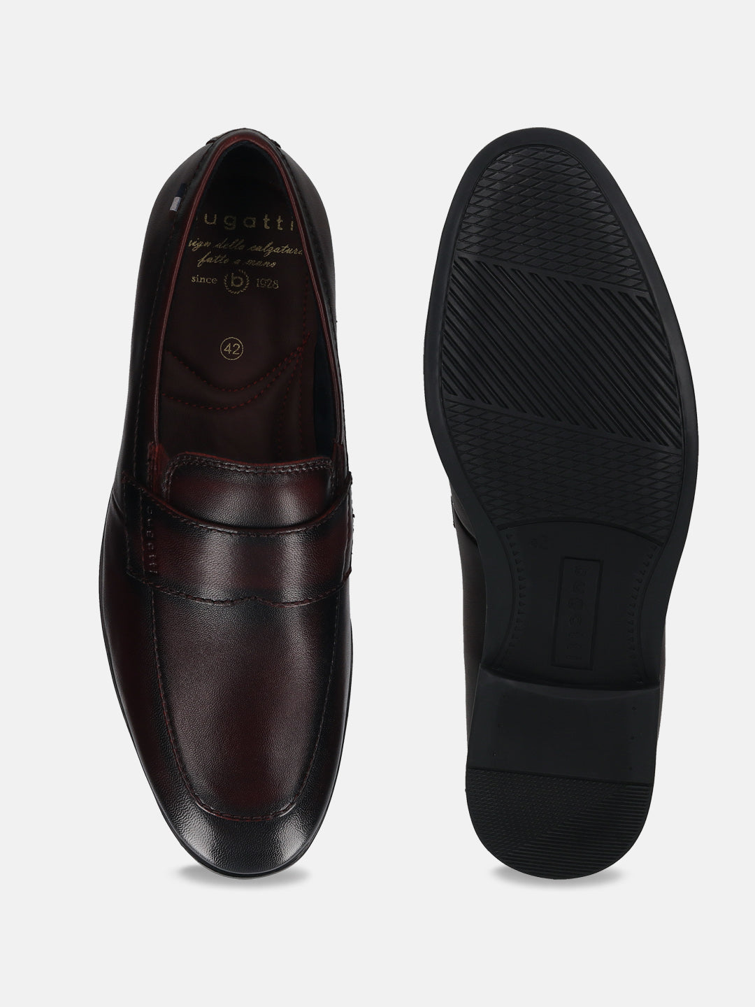 Men's Bugatti penny loafer red leather shoes with a round toe and apron toe featuring a stacked heel , a tpr outsole.