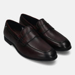 Men's Bugatti penny loafer red leather shoes with a round toe and apron toe featuring a stacked heel , a tpr outsole.