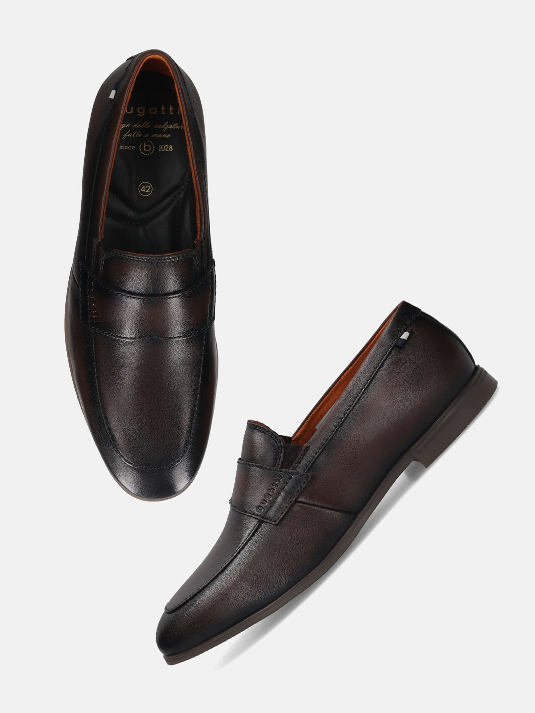 Men's Bugatti penny loafer brown leather shoes with a round toe and apron toe featuring a stacked heel , a tpr outsole.