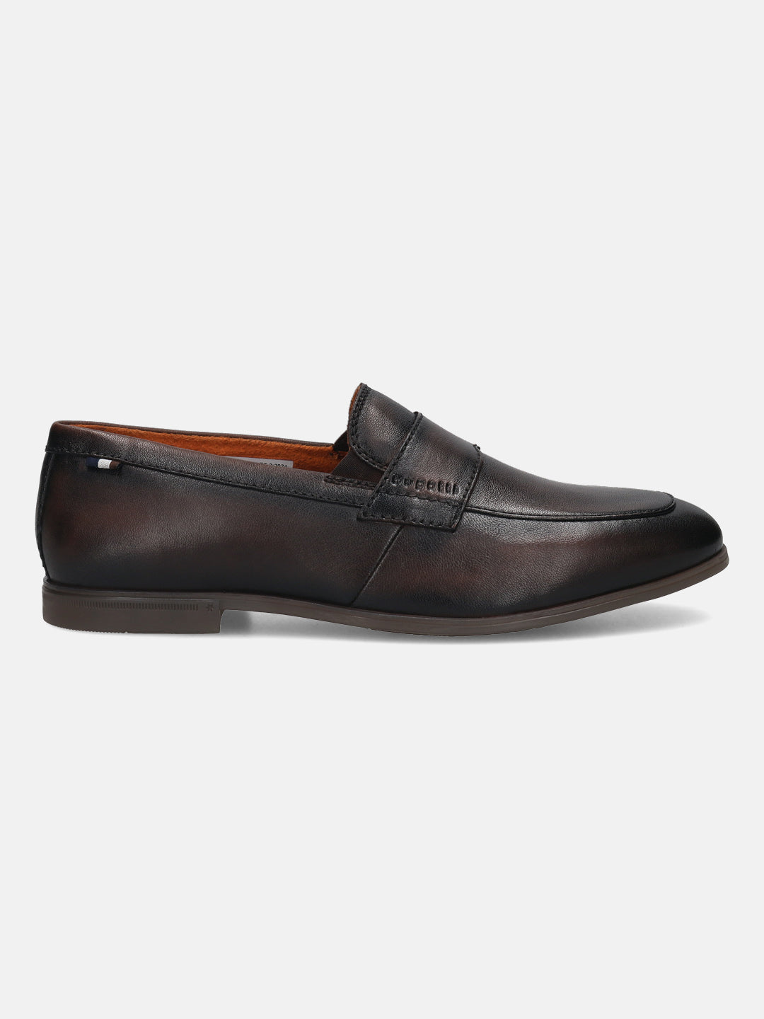 Men's Bugatti penny loafer brown leather shoes with a round toe and apron toe featuring a stacked heel , a tpr outsole.