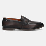 Men's Bugatti penny loafer brown leather shoes with a round toe and apron toe featuring a stacked heel , a tpr outsole.