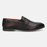 Men's Bugatti penny loafer brown leather shoes with a round toe and apron toe featuring a stacked heel , a tpr outsole.