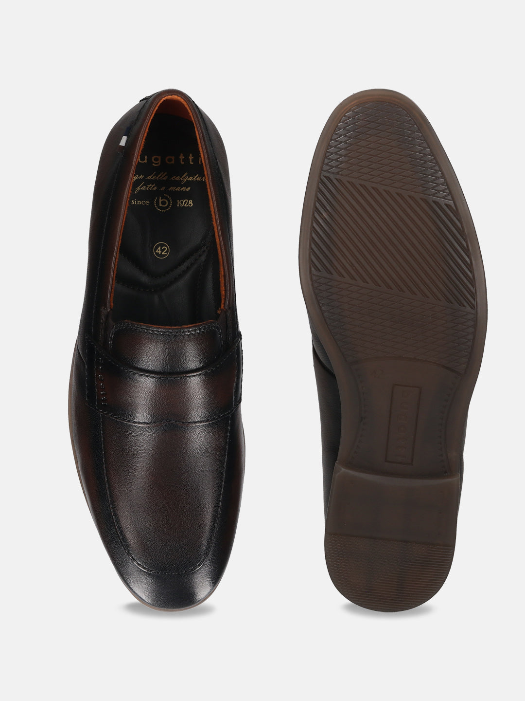 Men's Bugatti penny loafer brown leather shoes with a round toe and apron toe featuring a stacked heel , a tpr outsole.