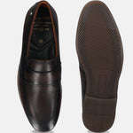 Men's Bugatti penny loafer brown leather shoes with a round toe and apron toe featuring a stacked heel , a tpr outsole.