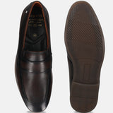 Men's Bugatti penny loafer brown leather shoes with a round toe and apron toe featuring a stacked heel , a tpr outsole.