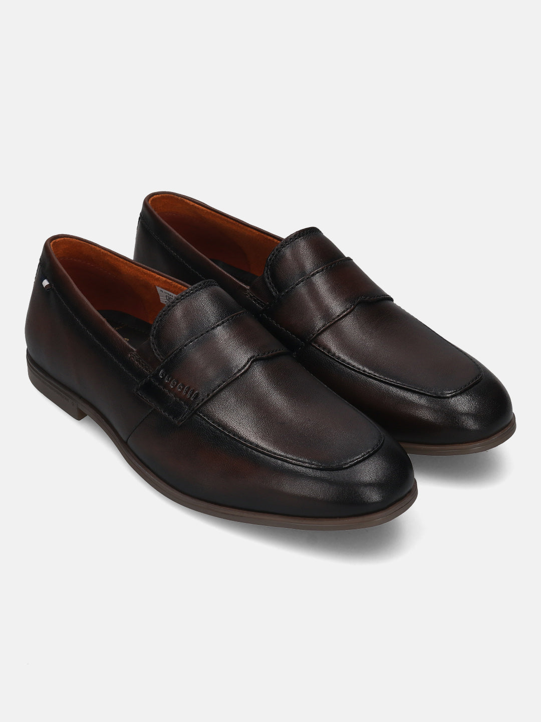 Men's Bugatti penny loafer brown leather shoes with a round toe and apron toe featuring a stacked heel , a tpr outsole.