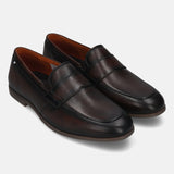 Men's Bugatti penny loafer brown leather shoes with a round toe and apron toe featuring a stacked heel , a tpr outsole.