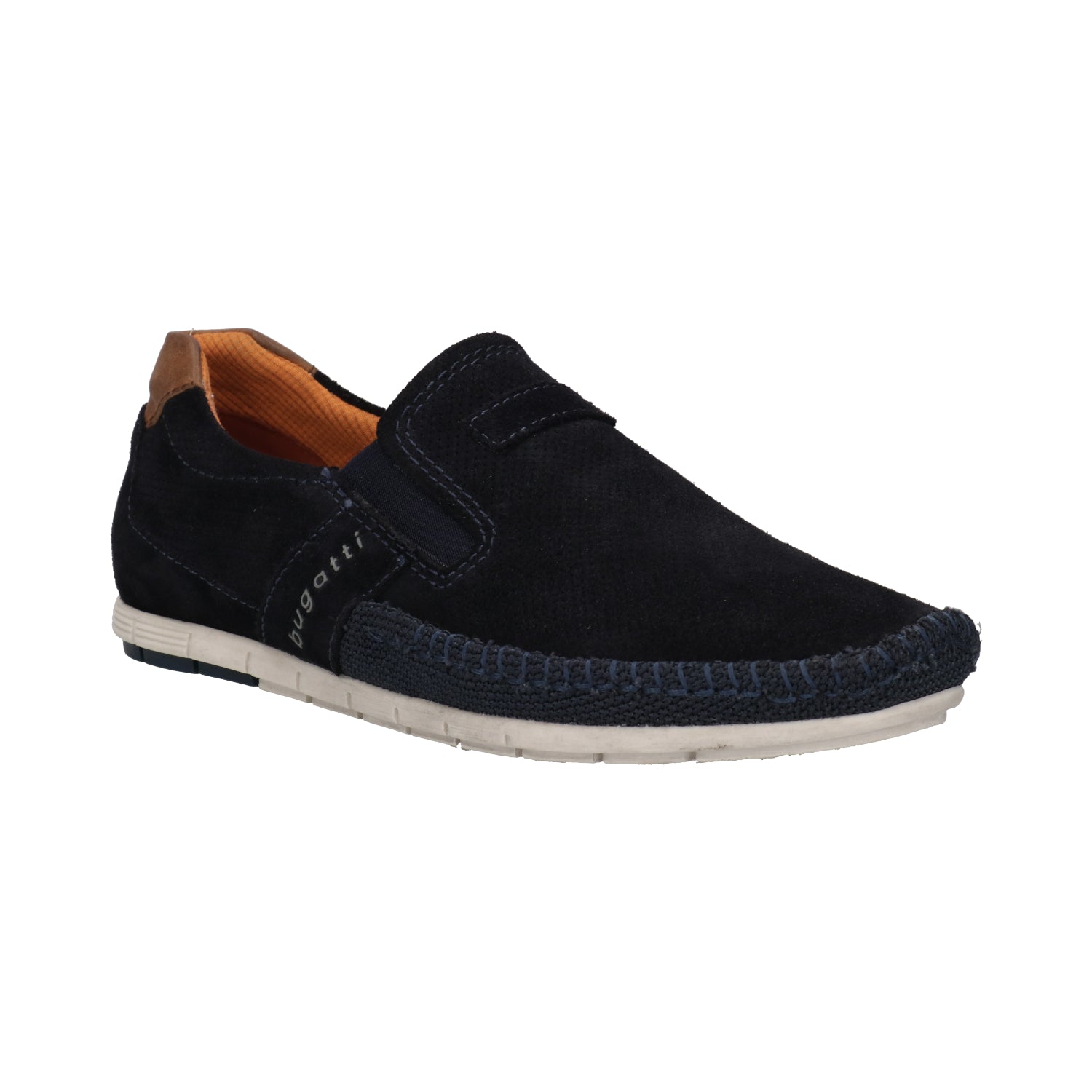 Side view of a navy blue bugatti sneaker, crafted from premium leather with subtle stitch detailing.
