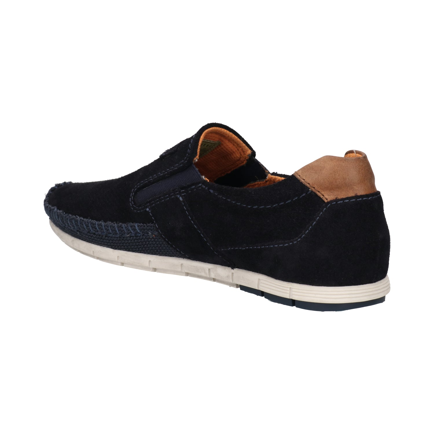 Side view of a dark blue bugatti slip-on sneaker with brown leather heel accent and light-colored ridged sole.
