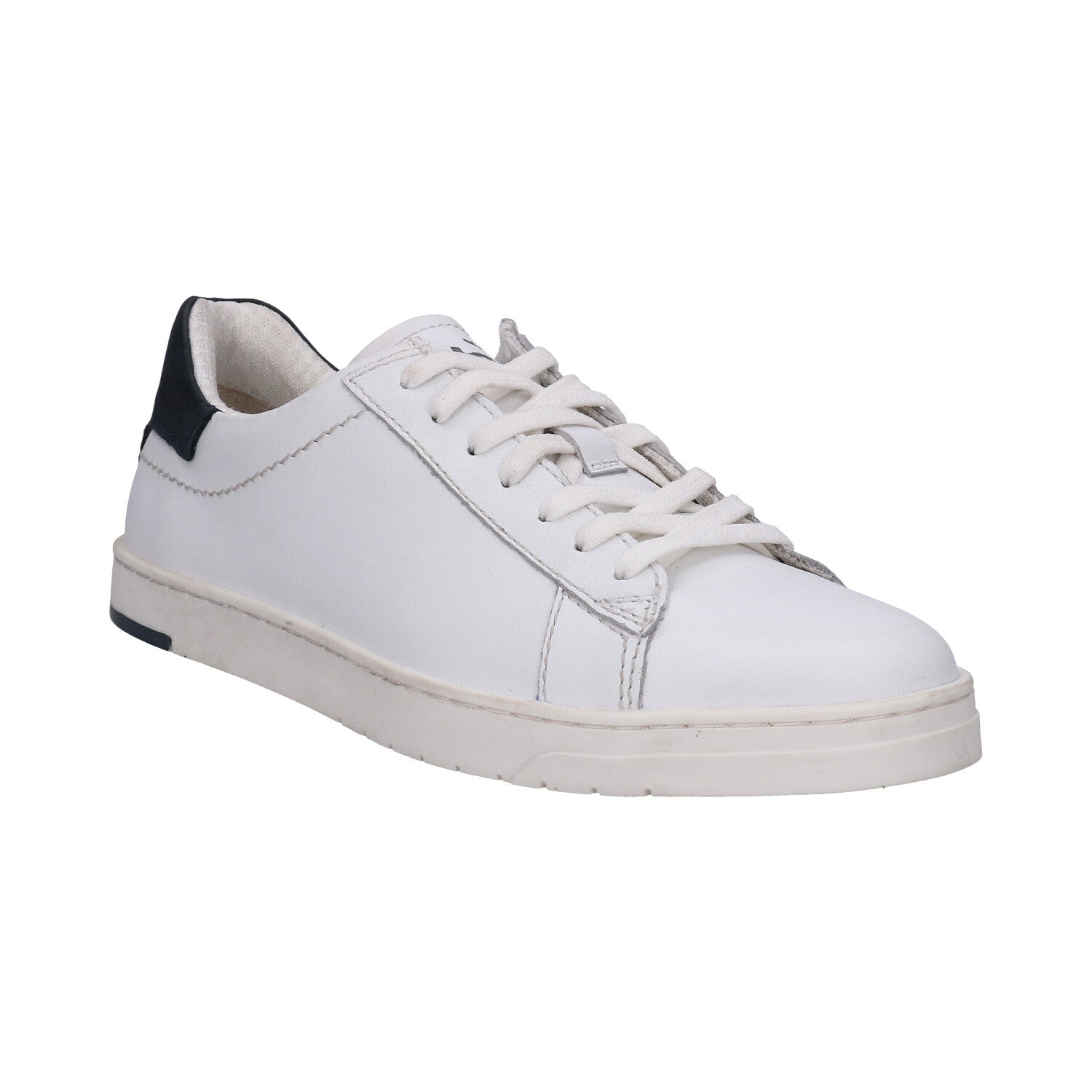 bugatti Orazio white premium leather sneakers with navy heel counter and white laces, in a side view.