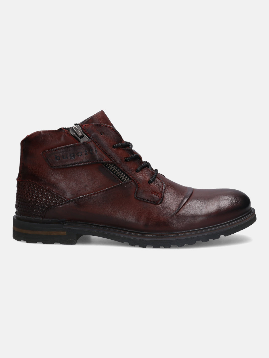 A grey Men's bugatti  Ankle Boots featuring a round toe plain toe, stacked heel, and a wide fit. Made from premium genuine leather with a durable tr outsole, this laces design offers both style and comfort.