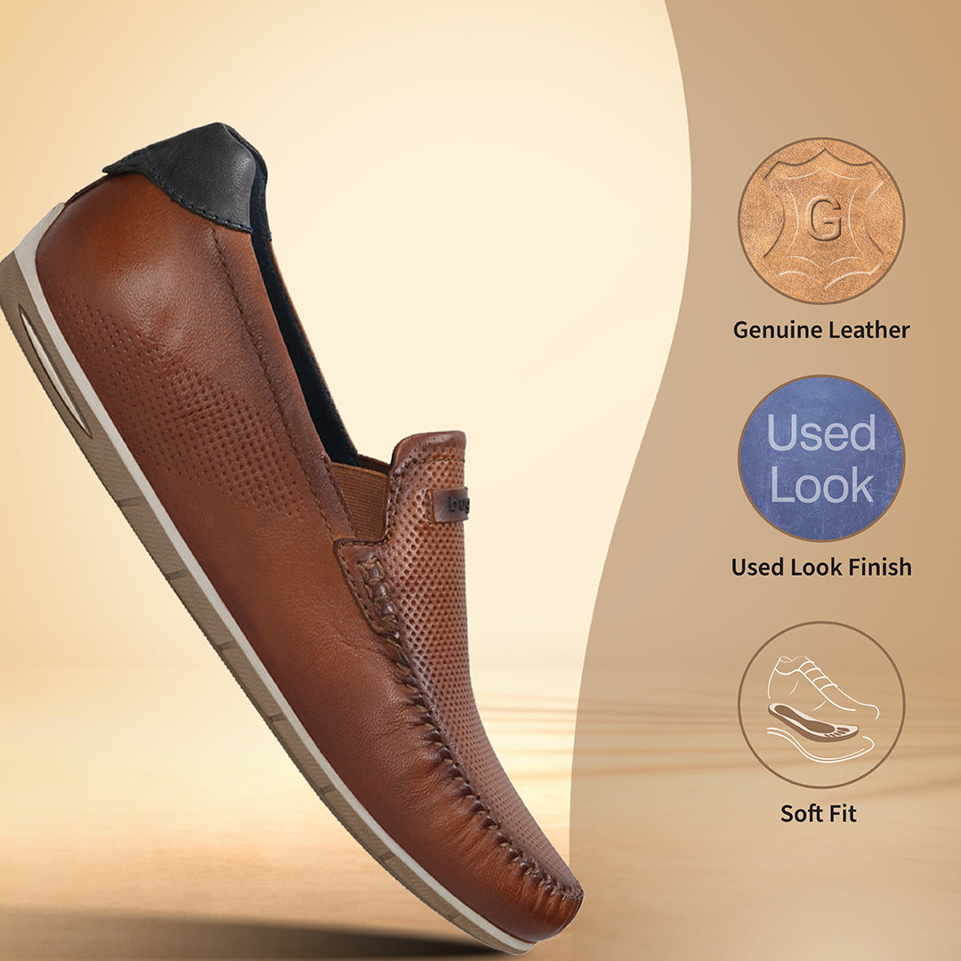 Men's Bugatti casual cognac leather shoes with a square toe and apron toe , a tpr outsole.