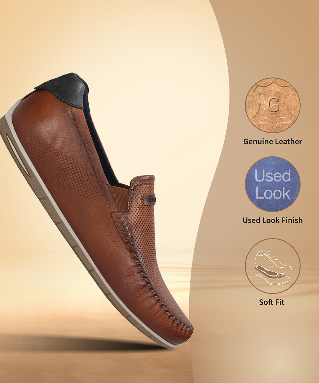 Men's Bugatti casual cognac leather shoes with a square toe and apron toe , a tpr outsole.
