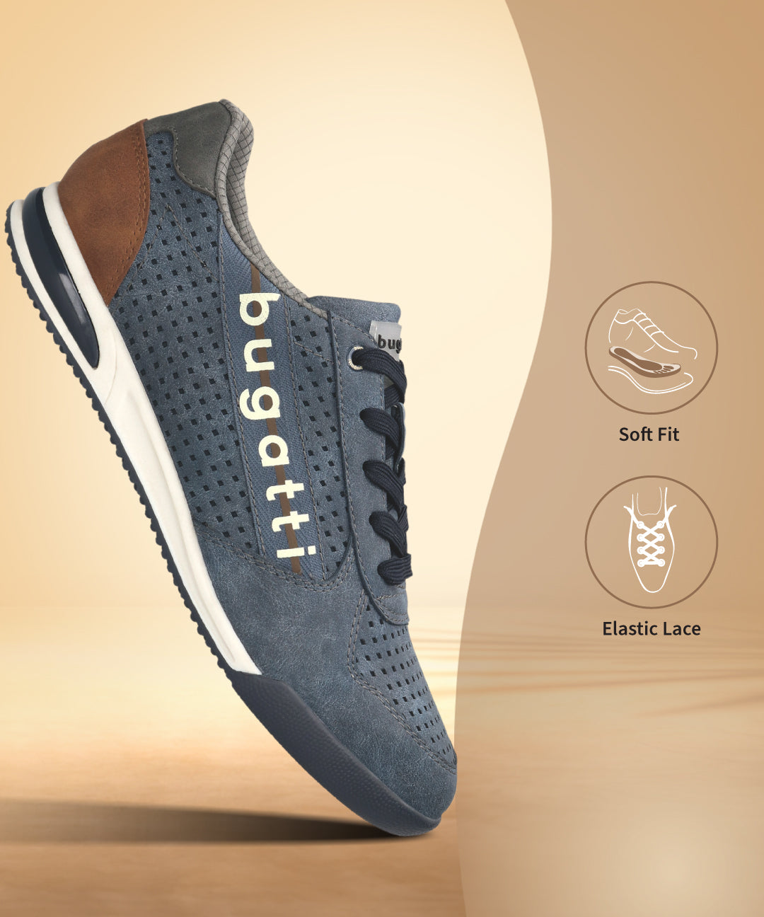 bugatti Trevor blue comfort sneaker featuring a perforated design, brown heel, and elastic laces.
