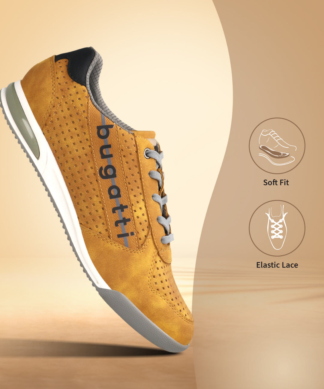Side view of a bugatti Trevor Comfort Sneaker in yellow suede with gray elastic laces and a perforated pattern.
