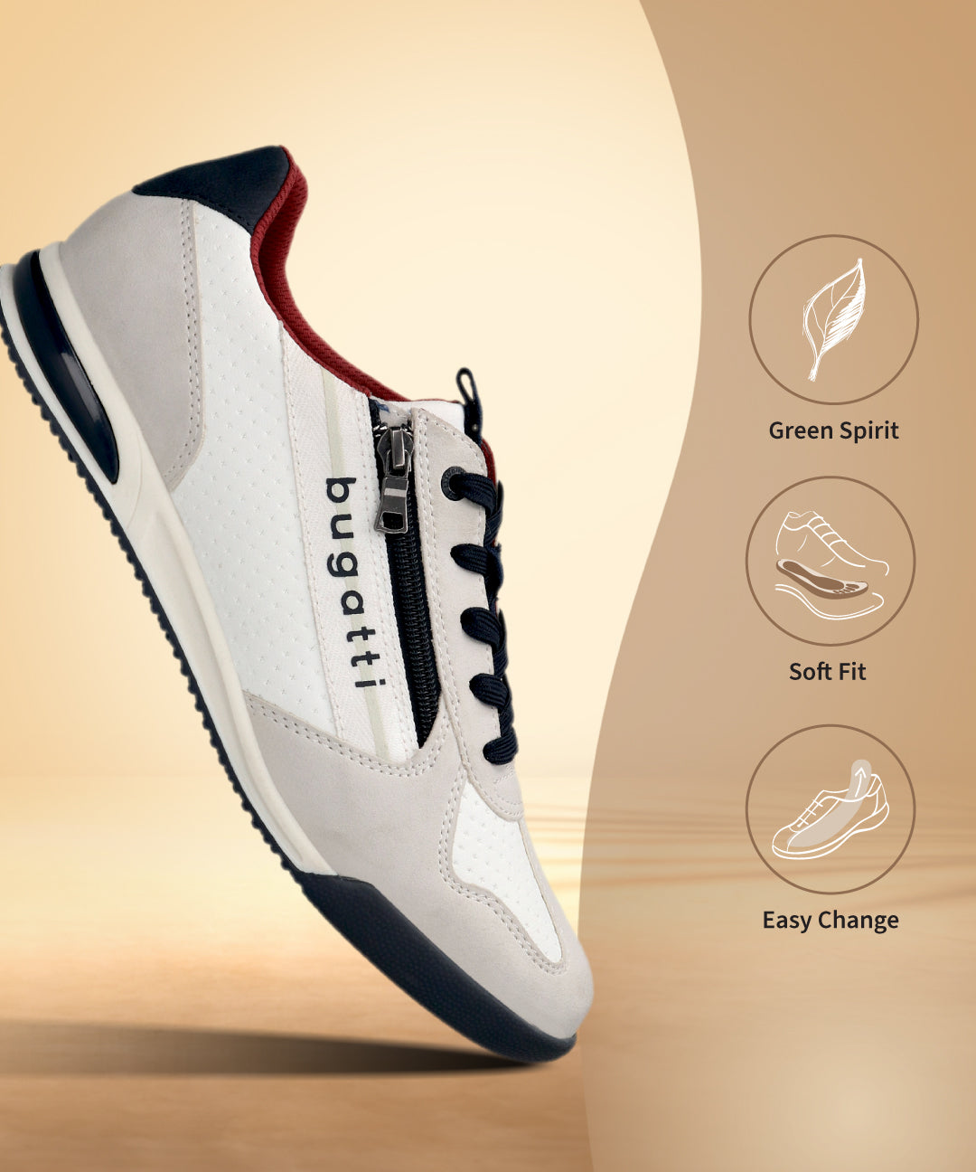 Bugatti Trevor white comfort sneaker featuring white perforated leather, gray suede overlays, and a black zipper detail.