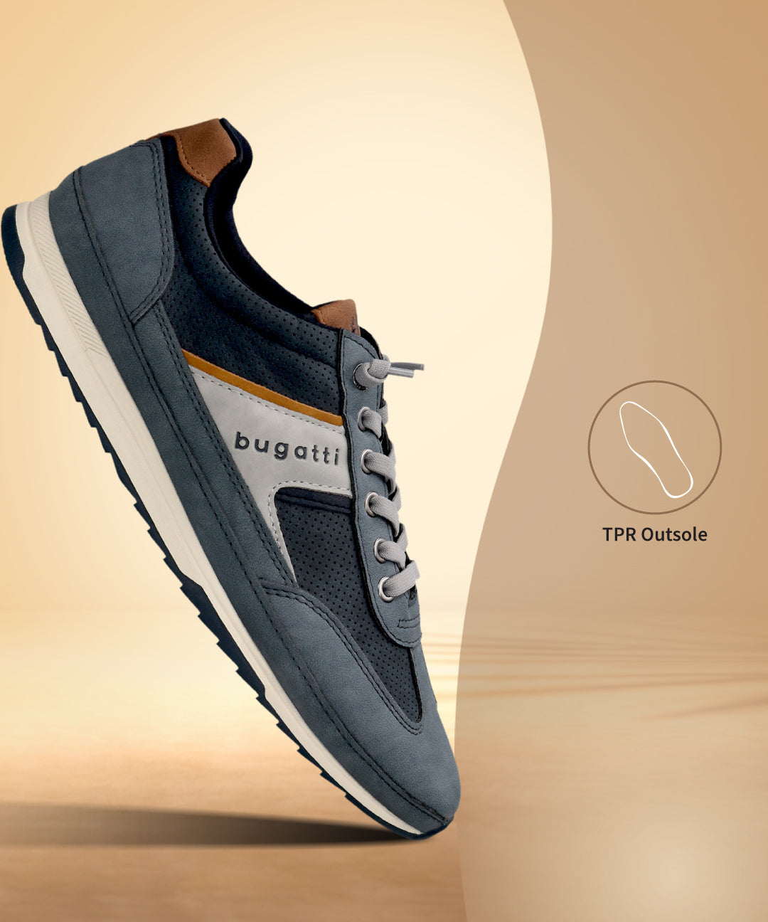 Side view of a blue bugatti sneaker, with brown accents, light gray laces, and a white midsole.